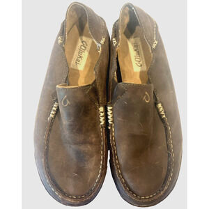 OLUKAI Mens Moloa Shoes 8.5 Slip On Loafers Leather Dark Wood Comfort Casual